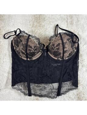 Natori Black Lace Bustier Longline Bra Corset Top 32C Sheer
